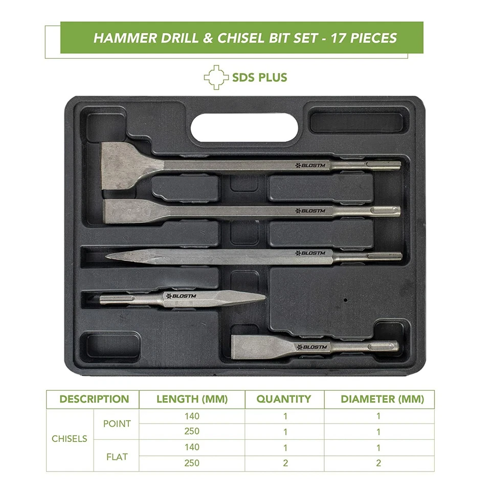 BLOSTM SDS Plus Hammer Drill & Chisel Bit Set Masonry Concrete Tile Brick 17PCS - Image 4 of 4
