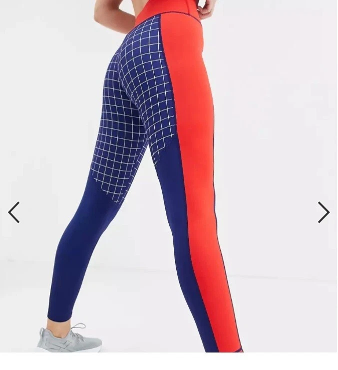 Leggings Red Blue Panelled Grid Check Yoga Gym Activewear Workout UK 10 BNWT - Image 3 of 4