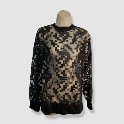 $665 Akris Women's Black Sheer Mesh Quarter Zip Crewneck Sweater Size 6