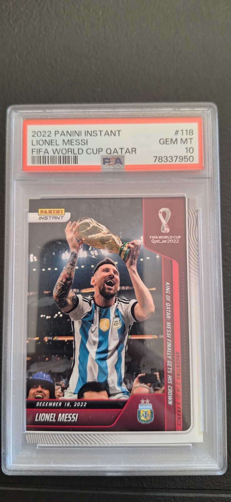 2022 PANINI INSTANT LIONEL MESSI #118 FIFA WORLD CUP TROPHY - PSA 10 GEM MINT