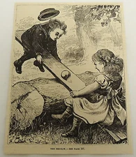 1878 magazine engraving ~ THE SEE-SAW ~ boy and girl play together on a see-saw