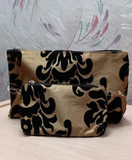 Set of 2 Gold Tone Satin /Black Velvet Damask Print Travel Makeup Cosmetic Bags