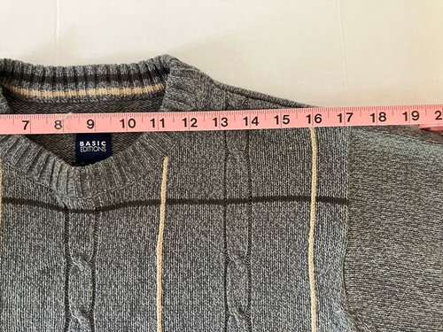 Basic Editions Knit Sweater Men's Large Gray Tan Brown Checkered Crew Neck - Picture 5 of 8