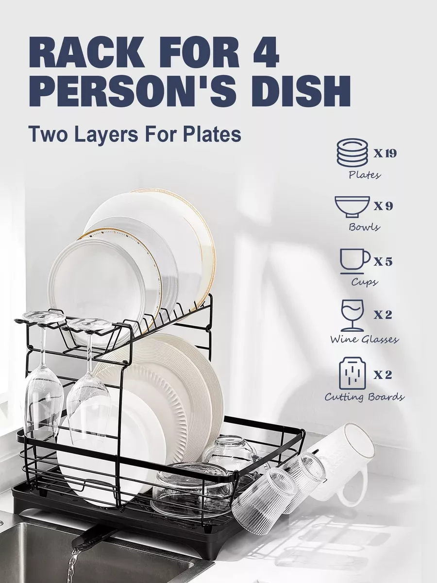 2-Tier Dish Drying Rack for Kitchen Counter Over The Sink, Larger Dish  Drying Rack Drainboard Set with Double-Layer Bowl Rack, Cup Rack, Drain  Board
