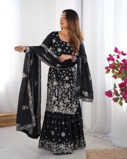 Stunning Look Black Star Georgette Kurta Palazzo With Dupatta For Women  Girls