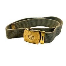 Vintage Boy Scouts Solid Brass Belt Buckle and Green Canvas Belt Made in USA