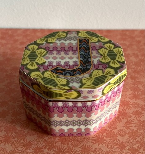 Anthropologie Monogram J Ceramic Octagonal Form Trinket Box w Lid Retro Art Deco - Picture 2 of 9