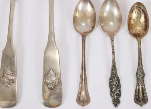 ANTIQUE 3 STERLING SILVER+5 RUSSIAN SILVER (84) ANTIQUE SPOONS ALL TESTED  8.4 OZ
