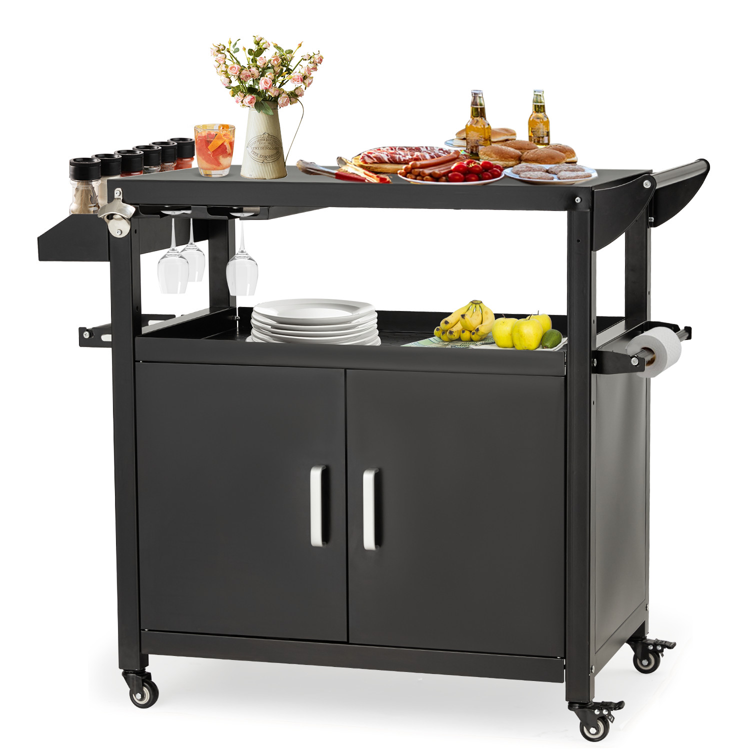 Outdoor Kitchen Rolling Bar Cart Storage Cabinet Grill Carts w/Wheels for BBQ