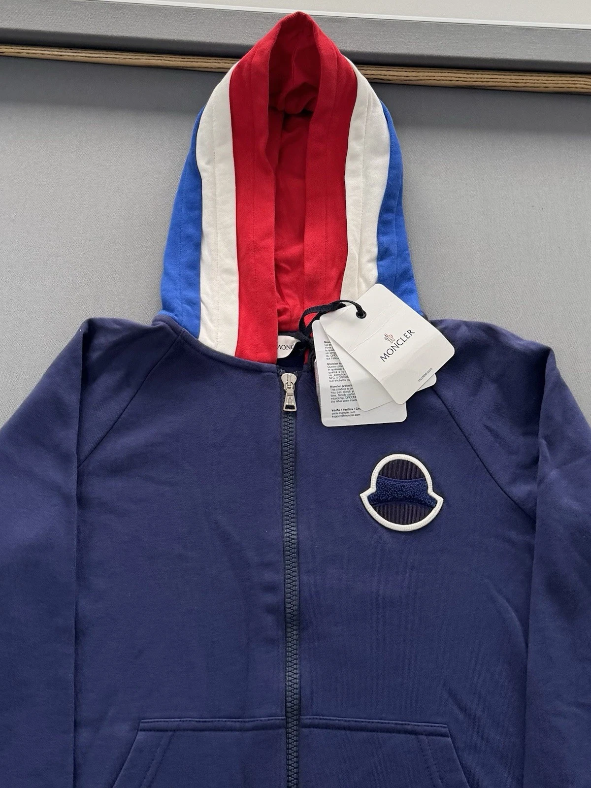 Moncler Cardigan Felpa con Cappuccio Età 14 19” PTP Blu Nuovo Autentico