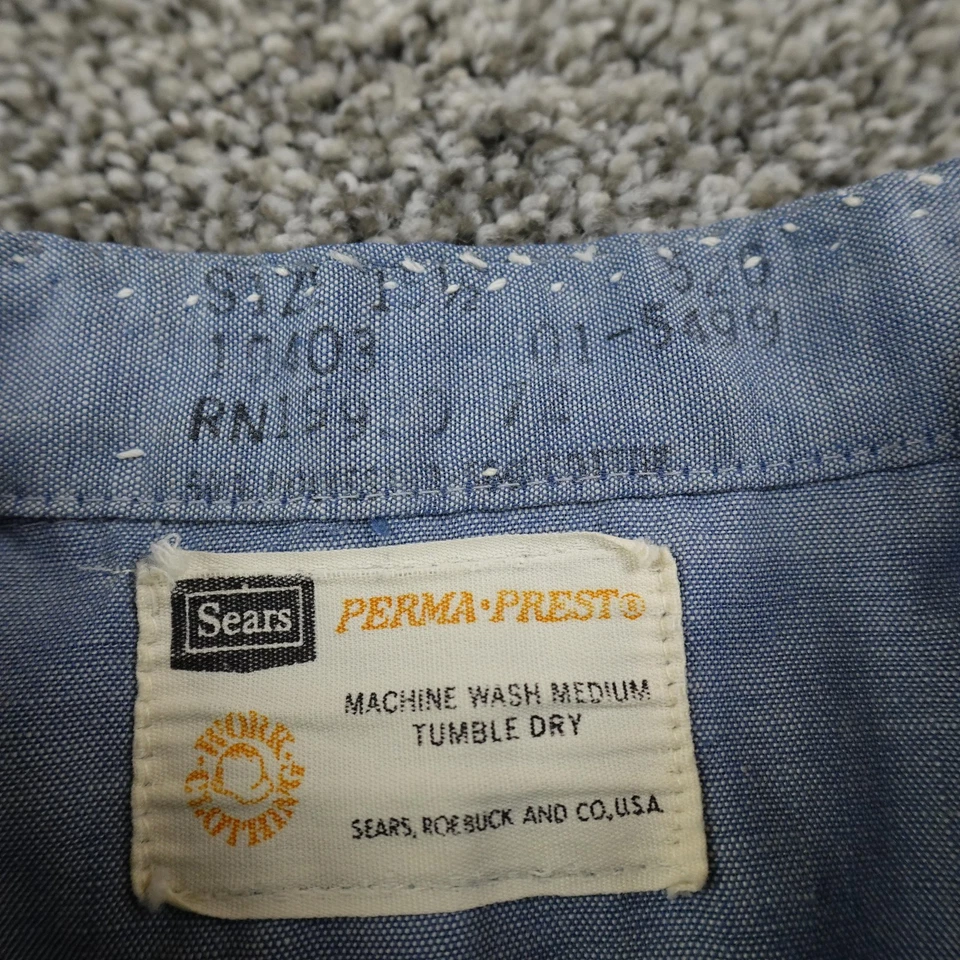 VTG Sears Shirt Mens M 15.5 Blue Denim Chambray Button Up Perma Prest 70s USA - Image 3 of 4