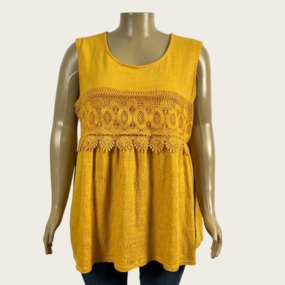 Hannah 3X Woman Plus Golden Yellow Crochet Lace Trim Knit Tank Top Shirt Tunic