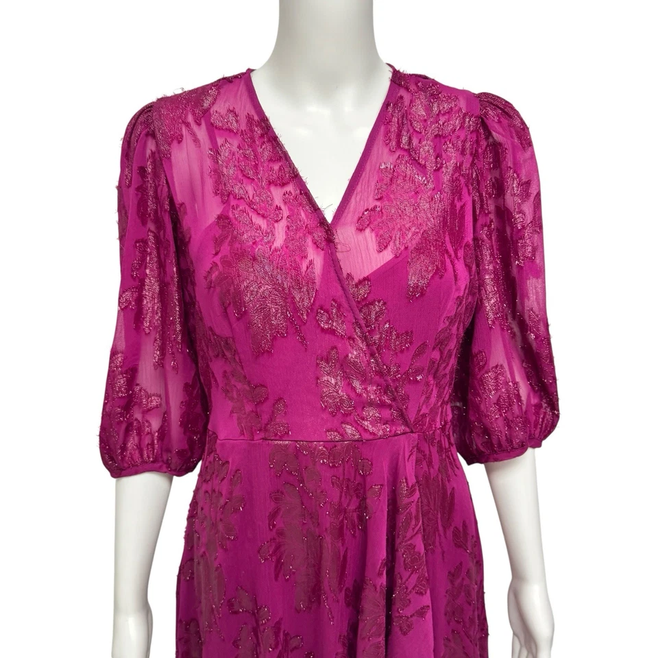 Calvin Klein women's dress purple metallic Floral Midi V neck 3/4 sleeve size 4 - Image 2 of 4