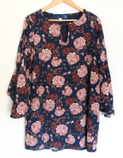 Vtg Y2K Blue Rain Shift Dress Bell Sleeve Keyhole Neck Navy Pink Rose USA Made M