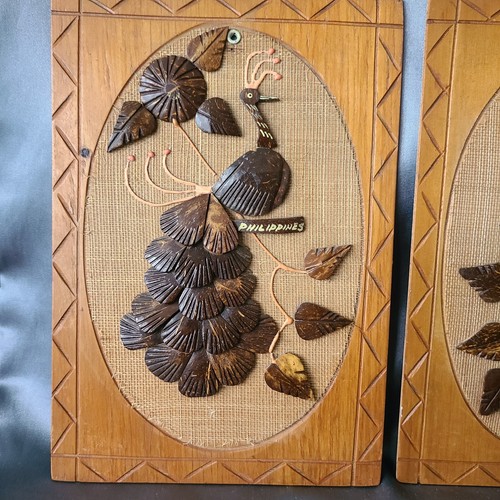 Vintage Mid-Century guscio di cocco mosaico pavone arte popolare parete appendere legno decorazione - Foto 2 di 13