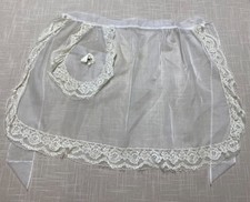 Vintage Kitchen Apron 50s MCM White Chiffon Bell Lace Trim Half Apron Pocket