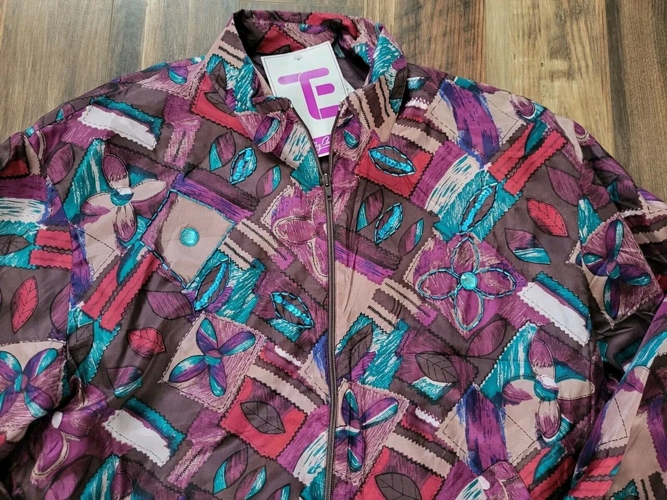 Nuevo Traje de Pista Deadstock Oleg Cassini Oscuro Multicolor Seda Cuentas 2 piezas Talla L Foto 3 de 4