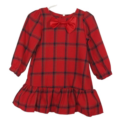 L Kleinkind Mädchen rot Satin Schleife kariert Flanell Langarm Rüschen Tunika Kleid Neu mit Etikett 2T - Bild 1 von 7