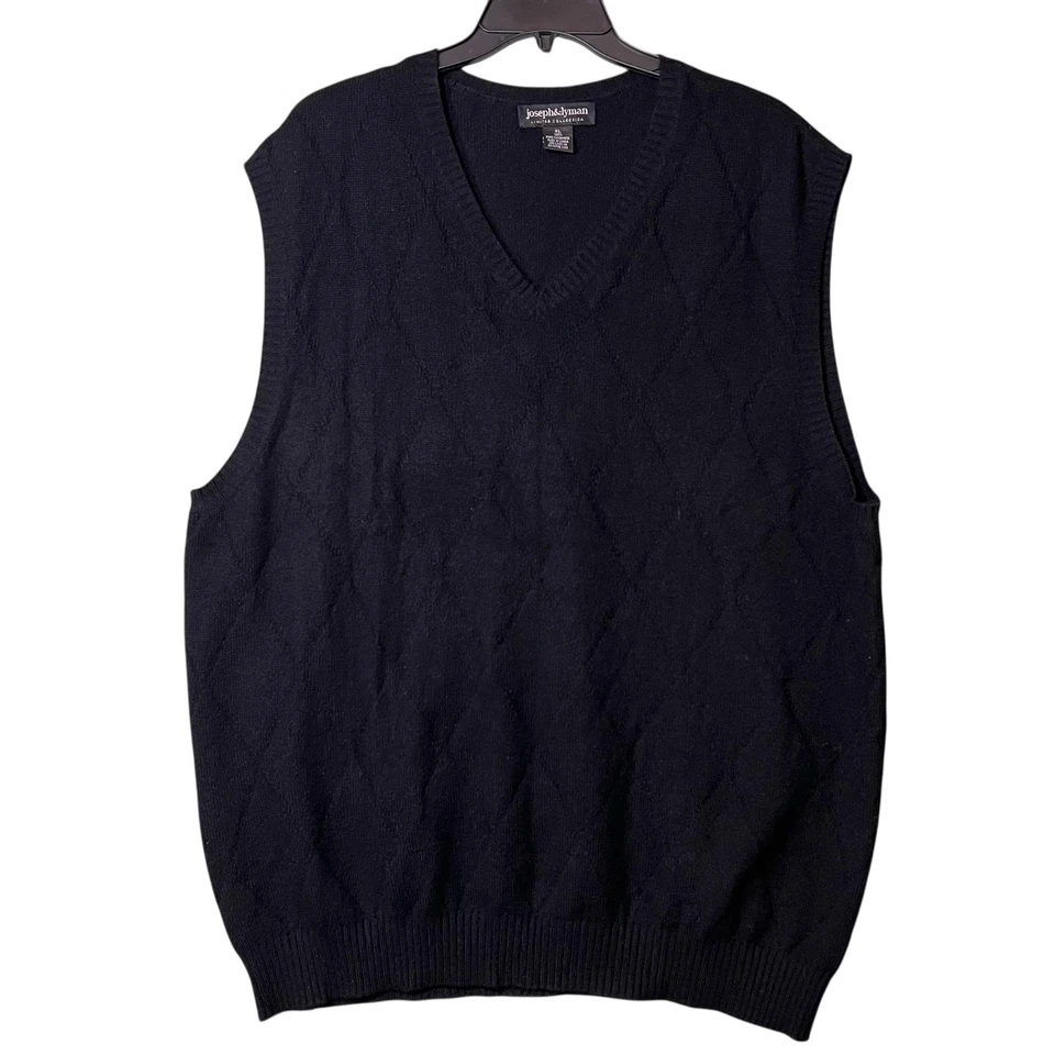 Chaleco Suéter Joseph & Lyman Para Hombres XL Negro 100% Cachemira Cuello en V Tejido Diamante Foto 2 de 4