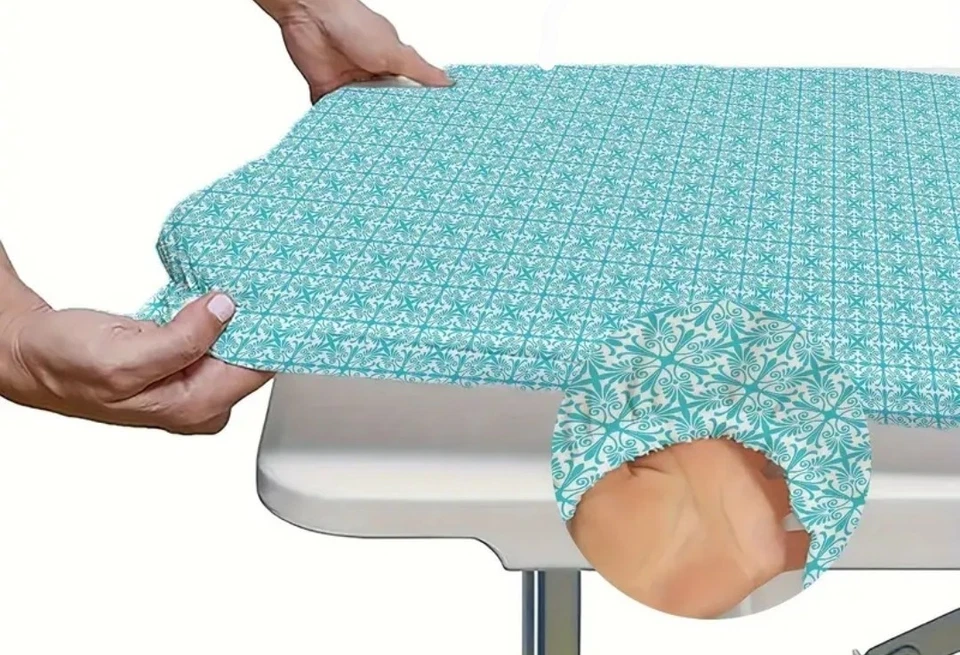 Washable 6ft Outdoor Black & White Geometric Table Cover Elastic Edges - Image 2 of 4