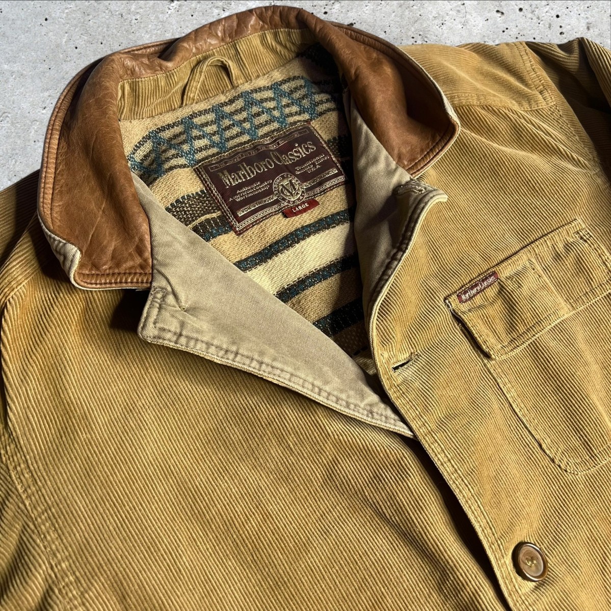 Marlboro 80s Corduroy Jacket Brown Leather Collar Coat Men's