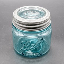 Tarro de albañil antiguo bola especial aguamarina/pinta azul (1910-1913) con tapa de zinc y vidrio #6