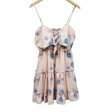 Floral Tie Front Tiered Ruffle Mini Dress Pink/Blue Rose Smocked Back Summer - L