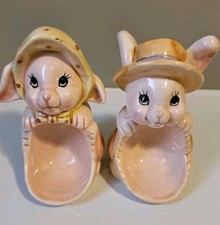 2 Adorable Vintage Pink Ceramic Easter Bunny Rabbit Egg Display Holders 4"
