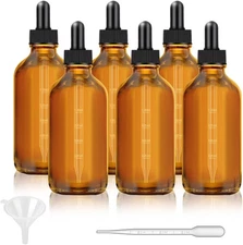6 Pack 4 Oz Dark Amber, Dropper Bottles with Measured, Dropper Glass Eye Dropper