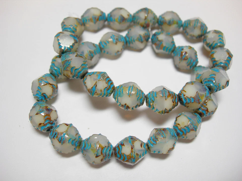 15 10x8mm Czech Glass Antique White Turquoise Picasso Bicone Beads - Image 3 of 4