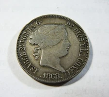 Philippines 1868 Silver 50 Centavos de Peso Queen Isabel II