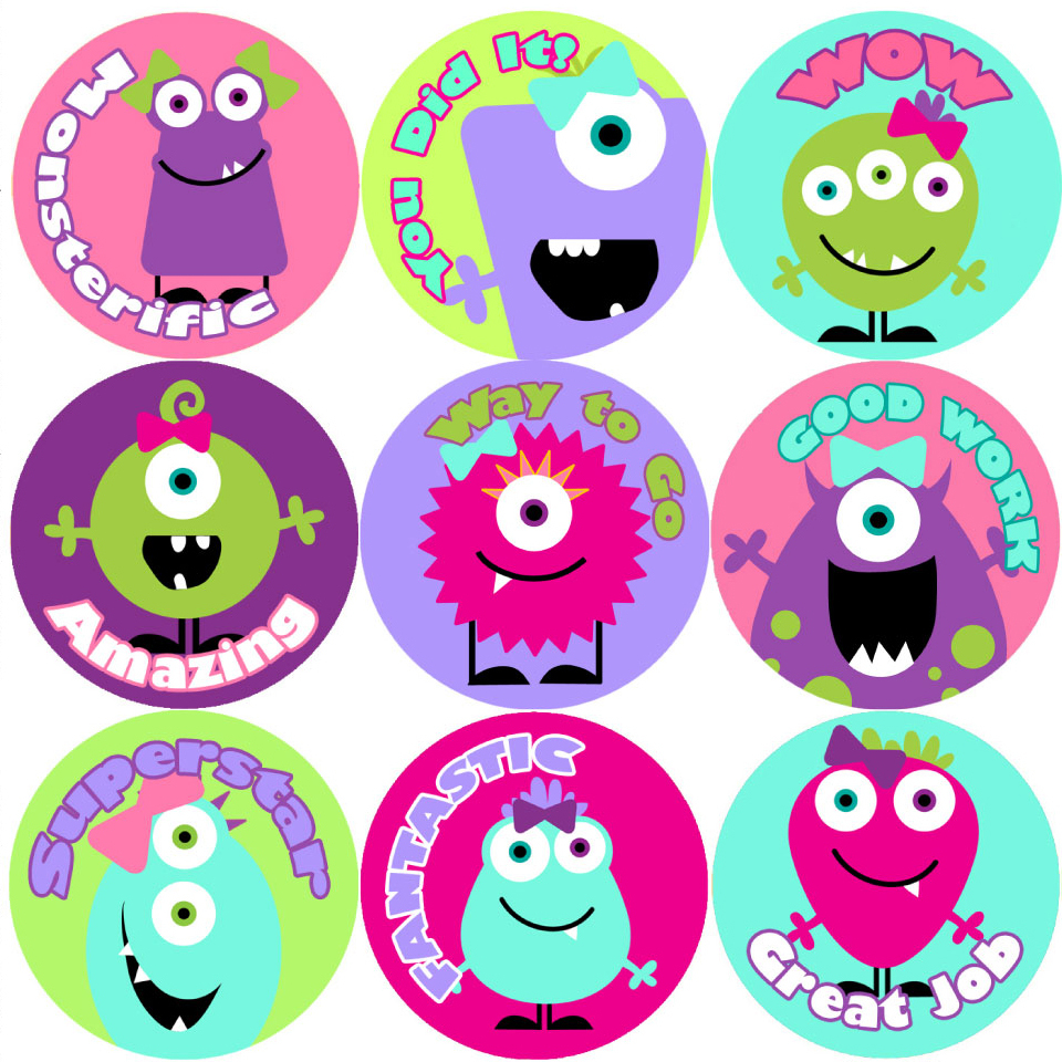 144 Girly Monsters Praise Words Reward Stickers 30mm, Teachers, Girls Party Bags