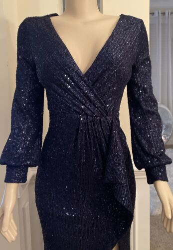 Beauty Emily Navy Blue Sequin Long sleeve Gown Women Size L - Picture 3 of 5