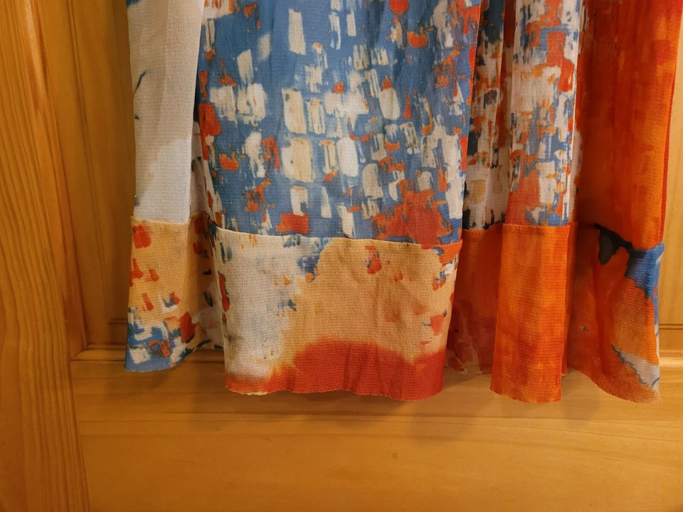Camiseta sin mangas WESTON WEAR de malla pequeña naranja roja azul abstracta con volantes dobladillo caído boho  Foto 3 de 4