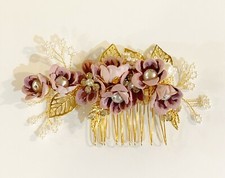 Wedding Bridal Prom Hair Comb Crafted with gold leaves and Fabric Roses