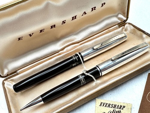 c1957 NOS? EVERSHARP VENTURA STERLING SILVER & BROWN FOUNTAIN PEN PENCIL SET 14K - Picture 2 of 18