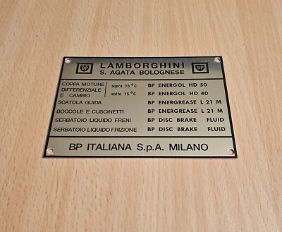 Lamborghini Miura BP version Lube Info Data Plate (EXACT REPRODUCTION)
