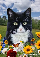 Black/White Tuxedo Cat Summer Fields Flag