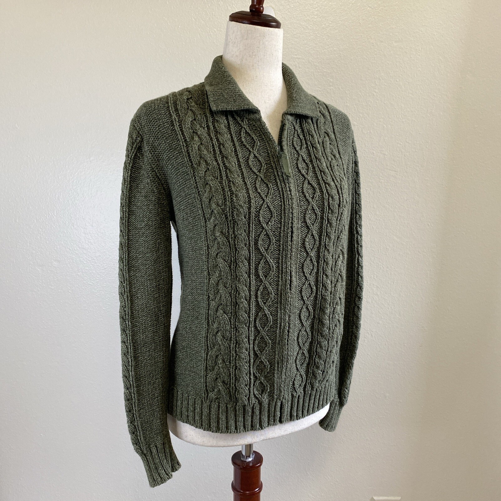 Cabelas 100% Cotton Cable Knit Zip Up Cardigan Sweater. Green Ladies Small