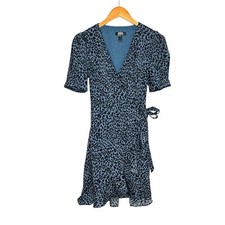 Aqua Womens Animal Print Wrap Mini Dress Dress Small Blue ruffle Hem Puff Sleeve