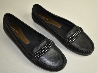 NEW Liz Claiborne Moccasins Leather Black Suede Crystals Flat Shoes Loafers 8.5