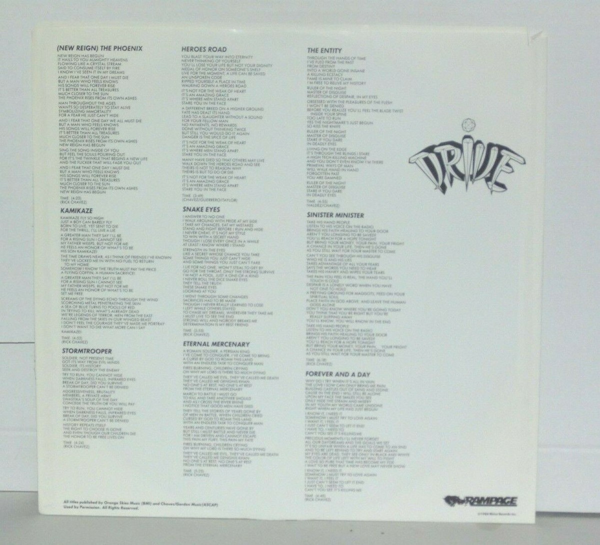 DRIVE Characters In Time LP VG+ 1988 Rampage R1 70839 Metal Vinyl