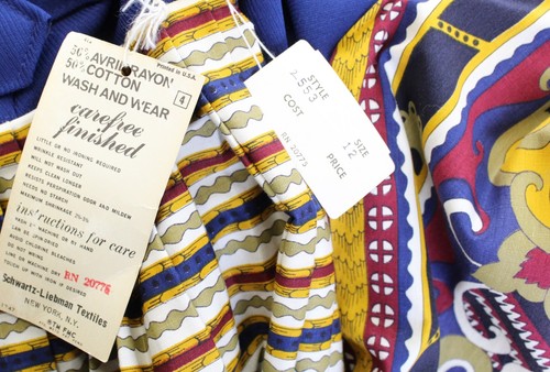 Vtg NWT Deadstock Navy Blue Yellow Printed Belted Shirt Dress Size 12 70s 80s - Picture 5 of 10