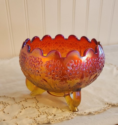 Fenton VTG Flowers Iridescent Red Amberina Carnival Glass Orange Tree Rose Bowl - Picture 5 of 19