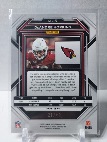 2022 Panini Prizm - DeAndre Hopkins #5 Purple Power Prizm /49 - Picture 4 of 4