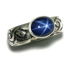Star Sapphire Ring Vintage Silver Flower Wave Band (10x8mm Lab Created)
