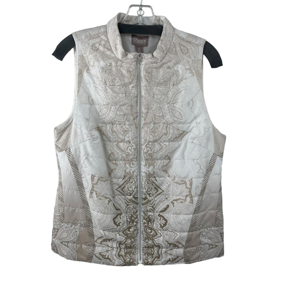 Chico's Quilted Puffer Zip Up Vest White Beige Paisley Print