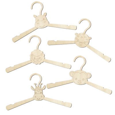 Fluffy Nugget Handcrafted EcoFriendly Wooden Kids Hangers with Animal Faces 5pcs