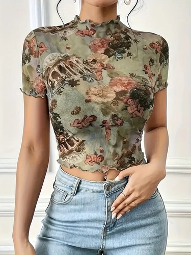 Elegant Floral Print Mesh Top W/ Lettuce Trim - Breathable Polyester Blend, Smal - Picture 1 of 5