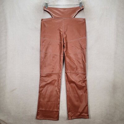 Brown Faux Leather Hip Cut Outs Sexy Festival Rock Trouser Womens
